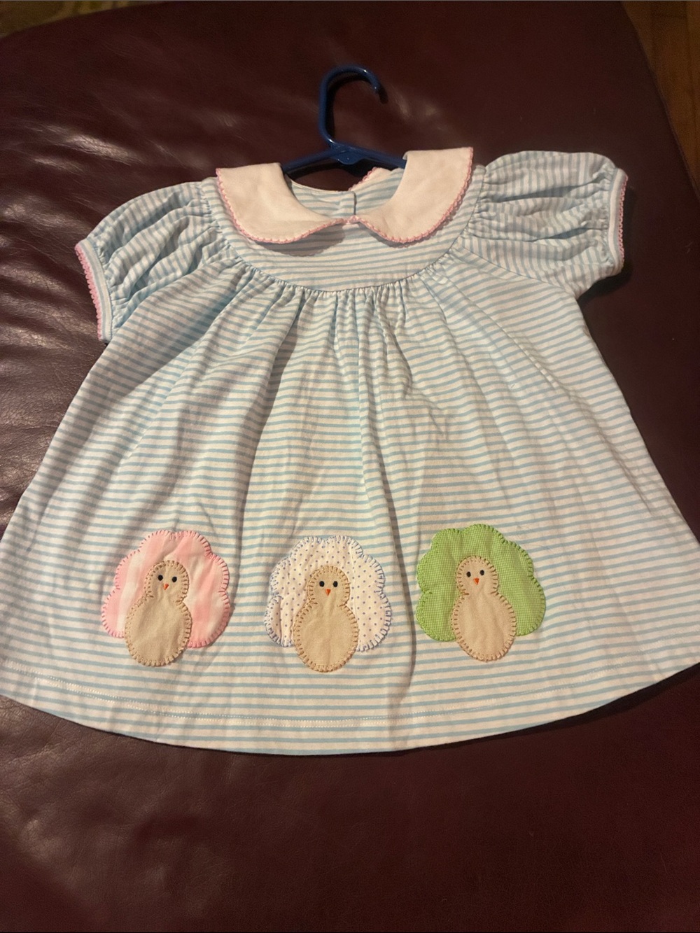 Blue Striped Baby Dress with Pink Collar and Chick Appliqués
